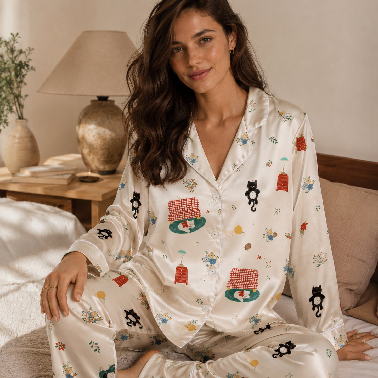 PJ-104-Unisex Cream Satin Whimsical Feline Theme Pajamas Button Up Sleepwear Nightwear Loungewear Animal Clothing Set FREE SHIPING