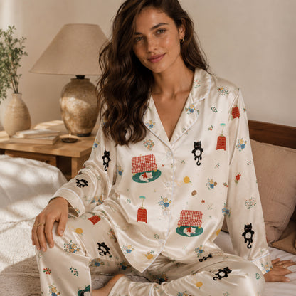 PJ-104-Unisex Cream Satin Whimsical Feline Theme Pajamas Button Up Sleepwear Nightwear Loungewear Animal Clothing Set FREE SHIPING