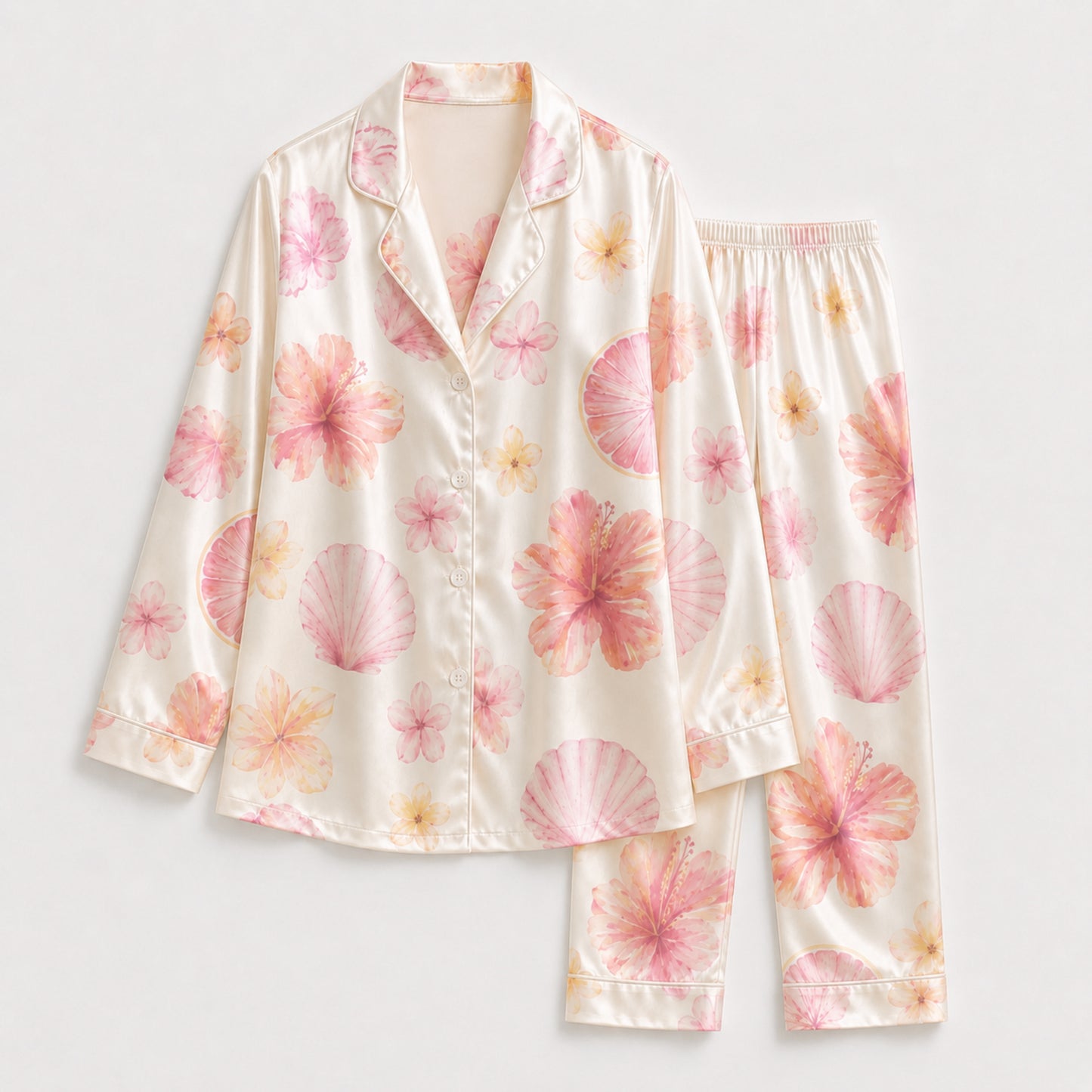 PJ-106-Satin Ivory Island Hibiscus Classic Piping Button Up Pajama Set FREE SHIPING