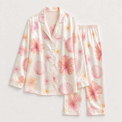 PJ-106-Satin Ivory Island Hibiscus Classic Piping Button Up Pajama Set FREE SHIPING