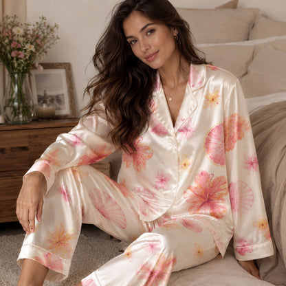 PJ-106-Satin Ivory Island Hibiscus Classic Piping Button Up Pajama Set FREE SHIPING