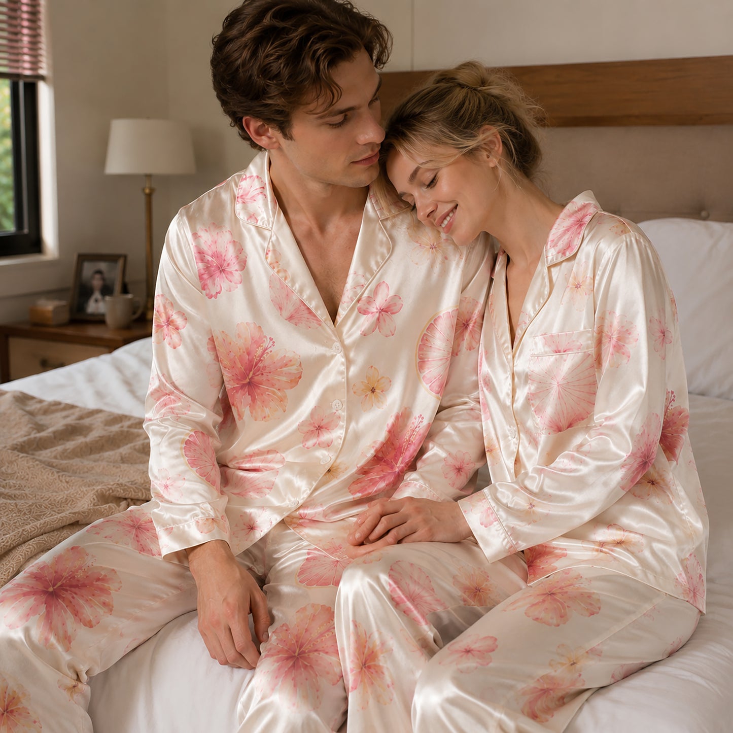 PJ-106-Satin Ivory Island Hibiscus Classic Piping Button Up Pajama Set FREE SHIPING