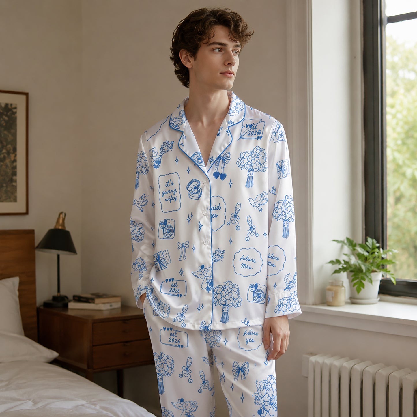 PJ-107-Unisex White Satin Future Mrs Theme Pajamas Button Up Sleepwear Nightwear Loungewear Engagement Clothing Set FREE SHIPING