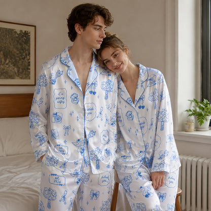 PJ-107-Unisex White Satin Future Mrs Theme Pajamas Button Up Sleepwear Nightwear Loungewear Engagement Clothing Set FREE SHIPING
