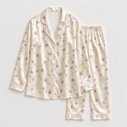 PJ-108-Pink Ditsy Floral Print Satin Pajamas Wildflower Cottagecore Loungewear Sleepwear Nightwear Pjs Two Piece Set FREE SHIPING