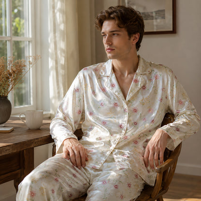 PJ-108-Pink Ditsy Floral Print Satin Pajamas Wildflower Cottagecore Loungewear Sleepwear Nightwear Pjs Two Piece Set FREE SHIPING