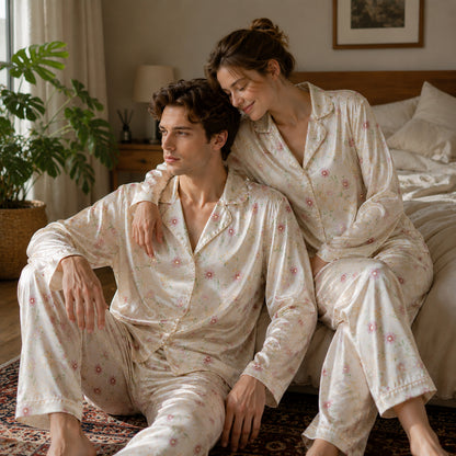 PJ-108-Pink Ditsy Floral Print Satin Pajamas Wildflower Cottagecore Loungewear Sleepwear Nightwear Pjs Two Piece Set FREE SHIPING