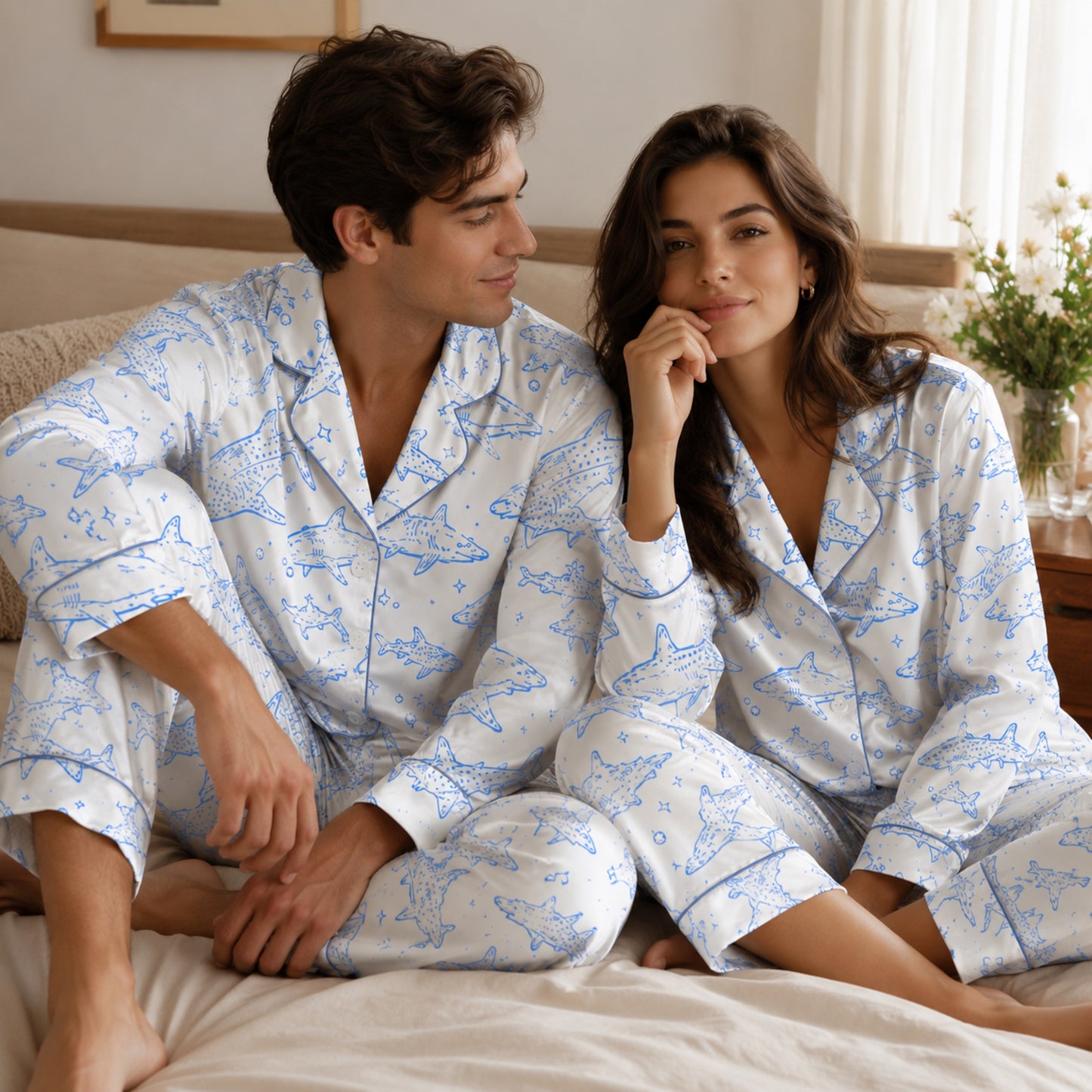 PJ-110-Unisex Men Women Cream Shark Print Satin Pajamas Nautical Great White Loungewear Sleepwear Nightwear Pjs Set FREE SHIPING