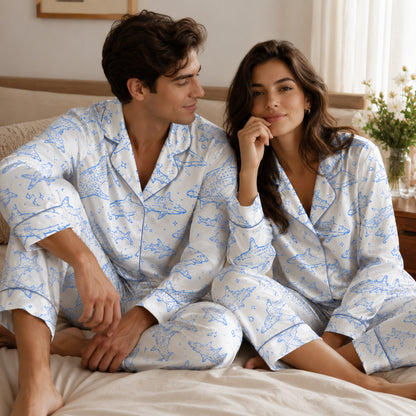 PJ-110-Unisex Men Women Cream Shark Print Satin Pajamas Nautical Great White Loungewear Sleepwear Nightwear Pjs Set FREE SHIPING