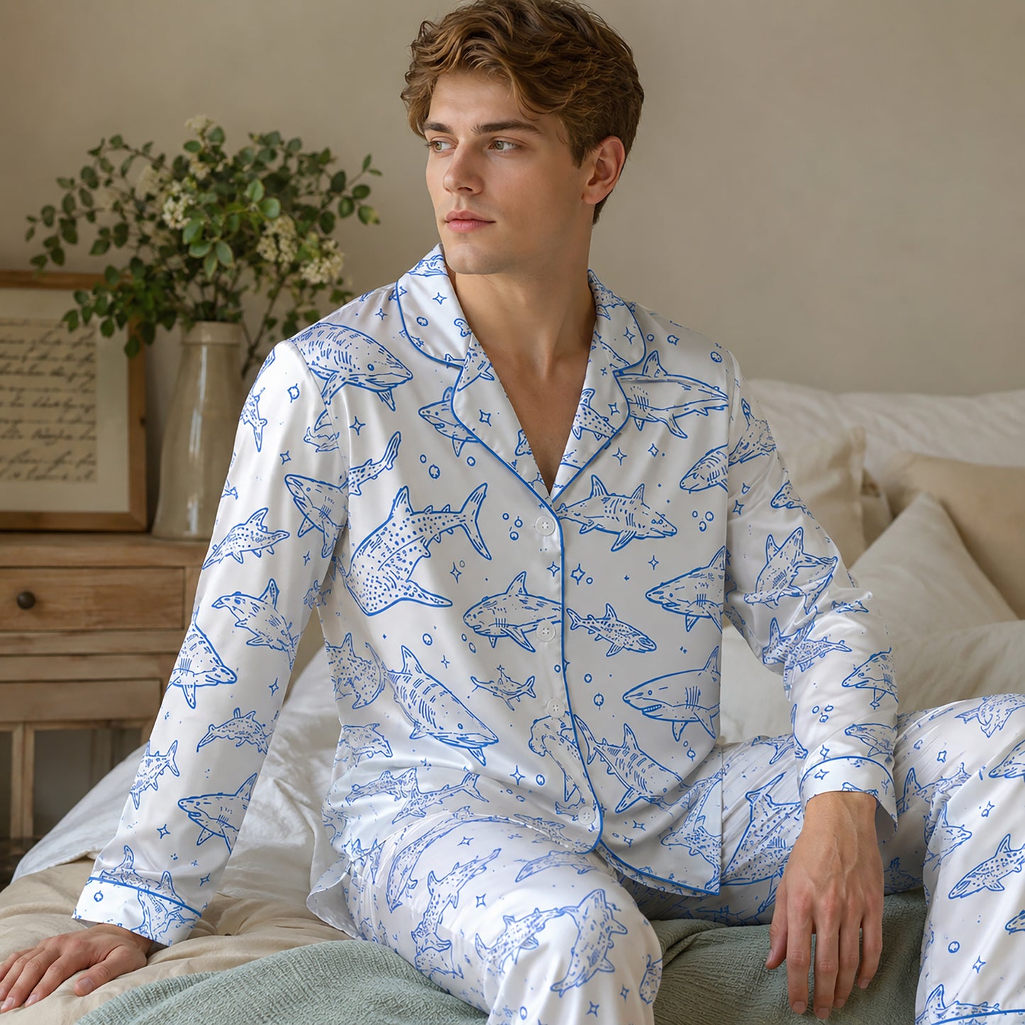 PJ-110-Unisex Men Women Cream Shark Print Satin Pajamas Nautical Great White Loungewear Sleepwear Nightwear Pjs Set FREE SHIPING