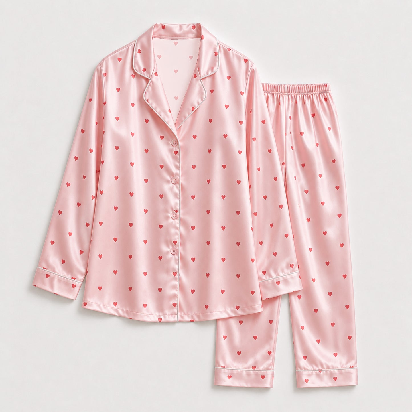 PJ-111-Unisex Men Women Pink Ditsy Heart Print Satin Pajamas Romantic Valentine Loungewear Sleepwear Nightwear Pjs Set FREE SHIPING