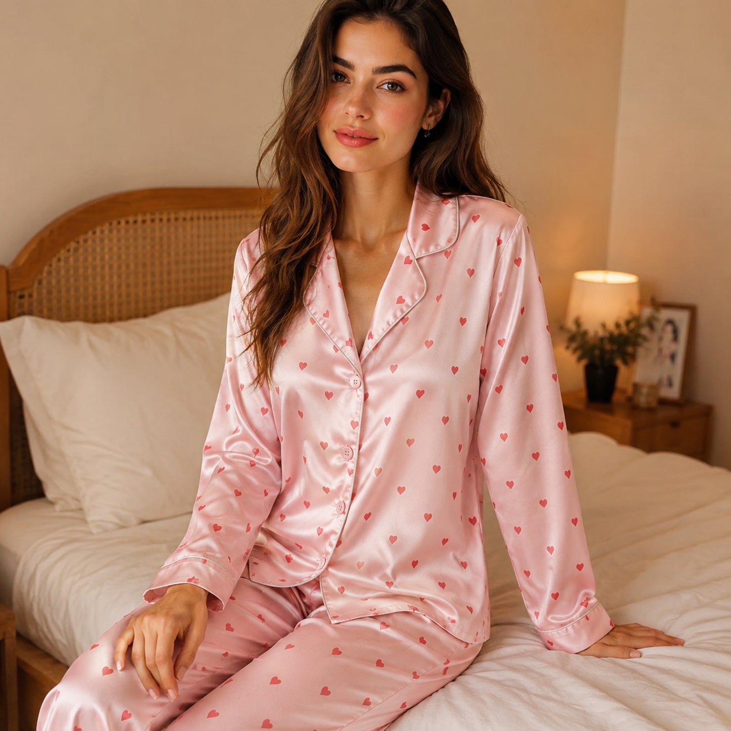 PJ-111-Unisex Men Women Pink Ditsy Heart Print Satin Pajamas Romantic Valentine Loungewear Sleepwear Nightwear Pjs Set FREE SHIPING