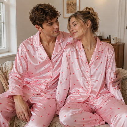 PJ-111-Unisex Men Women Pink Ditsy Heart Print Satin Pajamas Romantic Valentine Loungewear Sleepwear Nightwear Pjs Set FREE SHIPING