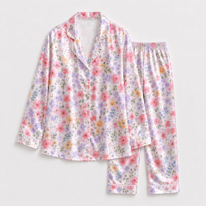 PJ-113-Pink Ditsy Floral Print Satin Pajamas Cottagecore Wildflower Loose Fit Loungewear Sleepwear Nightwear Pjs Clothing Set FREE SHIPING
