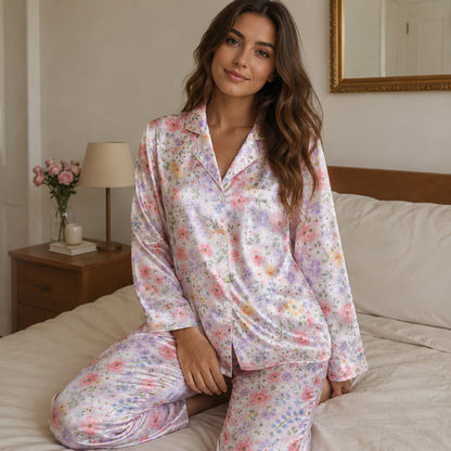 PJ-113-Pink Ditsy Floral Print Satin Pajamas Cottagecore Wildflower Loose Fit Loungewear Sleepwear Nightwear Pjs Clothing Set FREE SHIPING