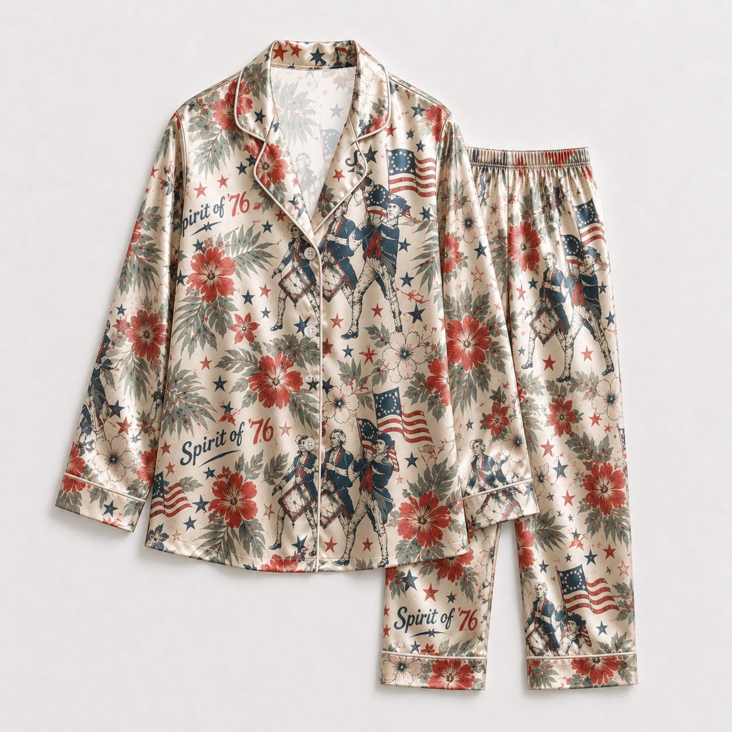 PJ-116-Satin Champagne Tropical Americana Classic Piping Button Up Pajama Set FREE SHIPING