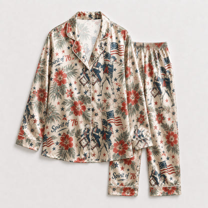 PJ-116-Satin Champagne Tropical Americana Classic Piping Button Up Pajama Set FREE SHIPING