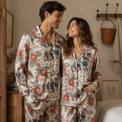 PJ-116-Satin Champagne Tropical Americana Classic Piping Button Up Pajama Set FREE SHIPING