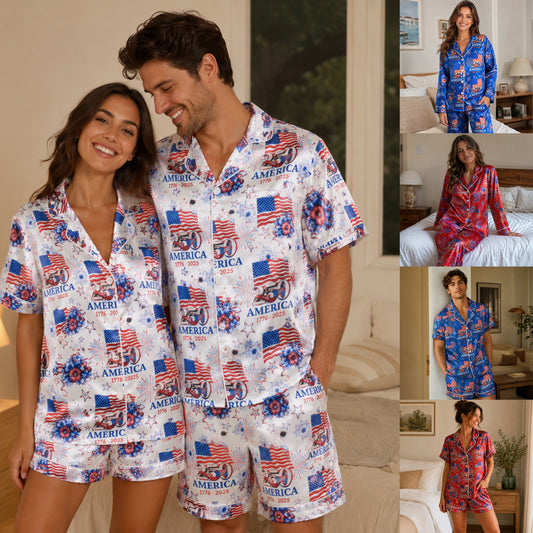 PJ-117-Patriotic Floral Satin Pajama Set With Colonial Drum Flag Print And Button Up Shirt FREE SHIPPING
