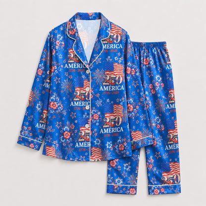 PJ-117-Patriotic Floral Satin Pajama Set With Colonial Drum Flag Print And Button Up Shirt FREE SHIPING
