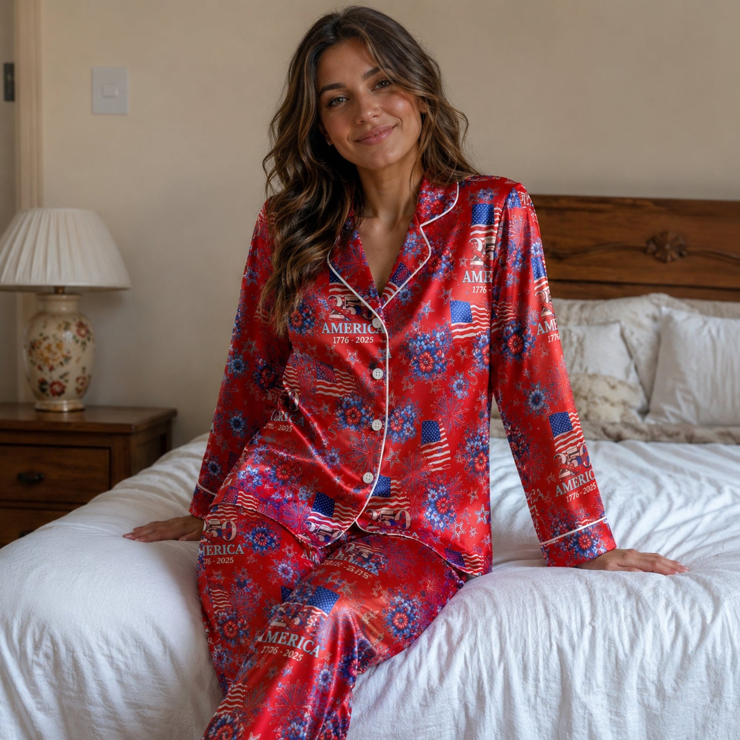PJ-117-Patriotic Floral Satin Pajama Set With Colonial Drum Flag Print And Button Up Shirt FREE SHIPING