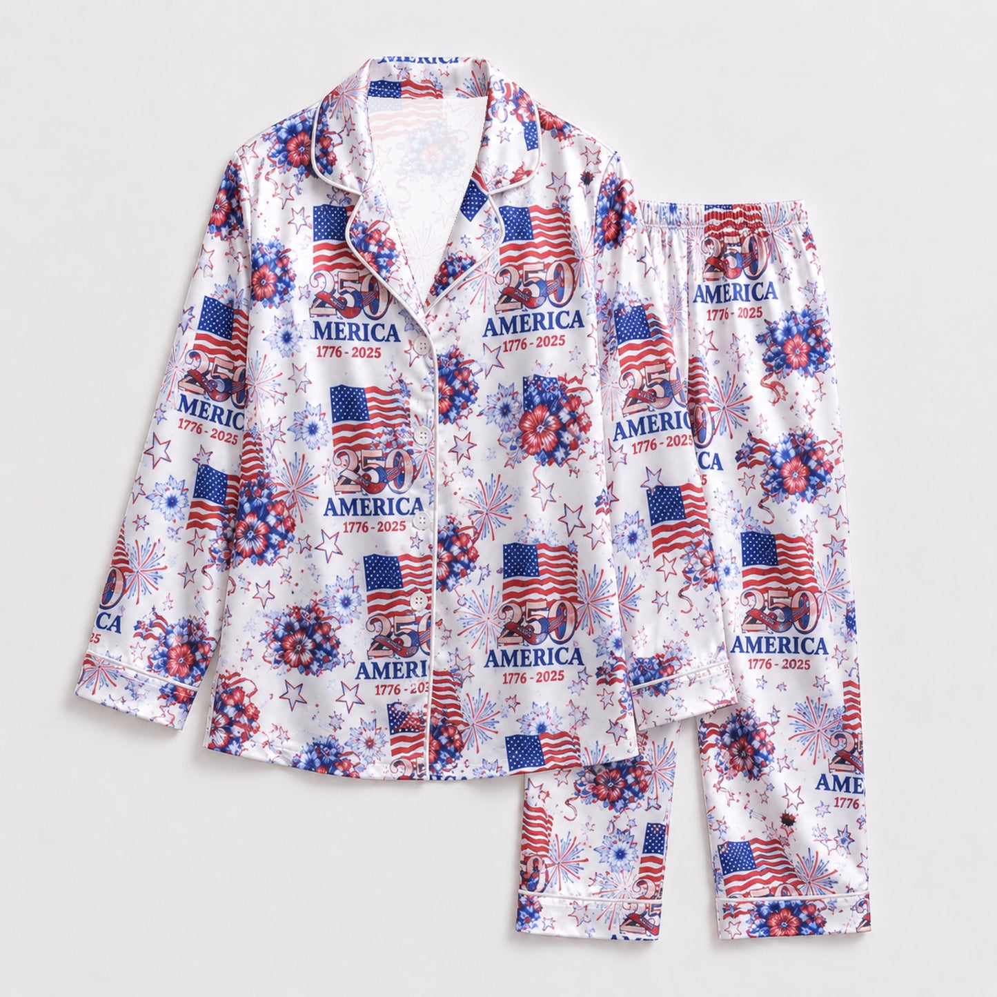 PJ-117-Patriotic Floral Satin Pajama Set With Colonial Drum Flag Print And Button Up Shirt FREE SHIPING