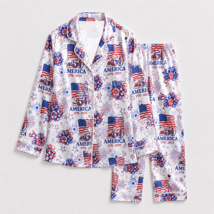 PJ-117-Patriotic Floral Satin Pajama Set With Colonial Drum Flag Print And Button Up Shirt FREE SHIPING