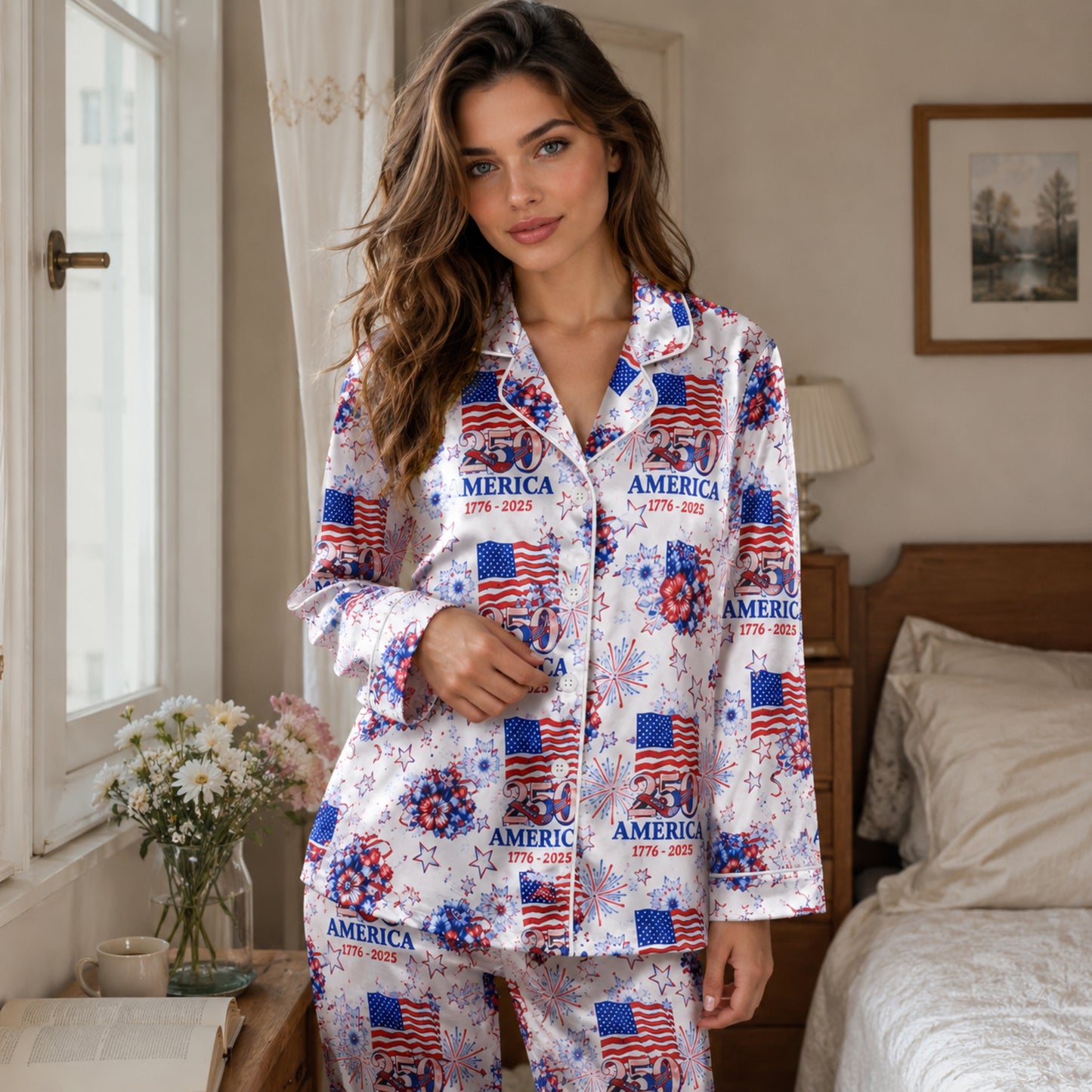 PJ-117-Patriotic Floral Satin Pajama Set With Colonial Drum Flag Print And Button Up Shirt FREE SHIPING