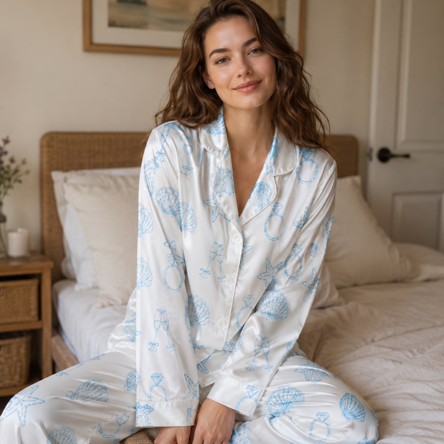 PJ-118-Bridal Engagement Satin Pajamas Wedding Bachelorette Party Loungewear Sleepwear Nightwear White Pjs Two Piece Set FREE SHIPING