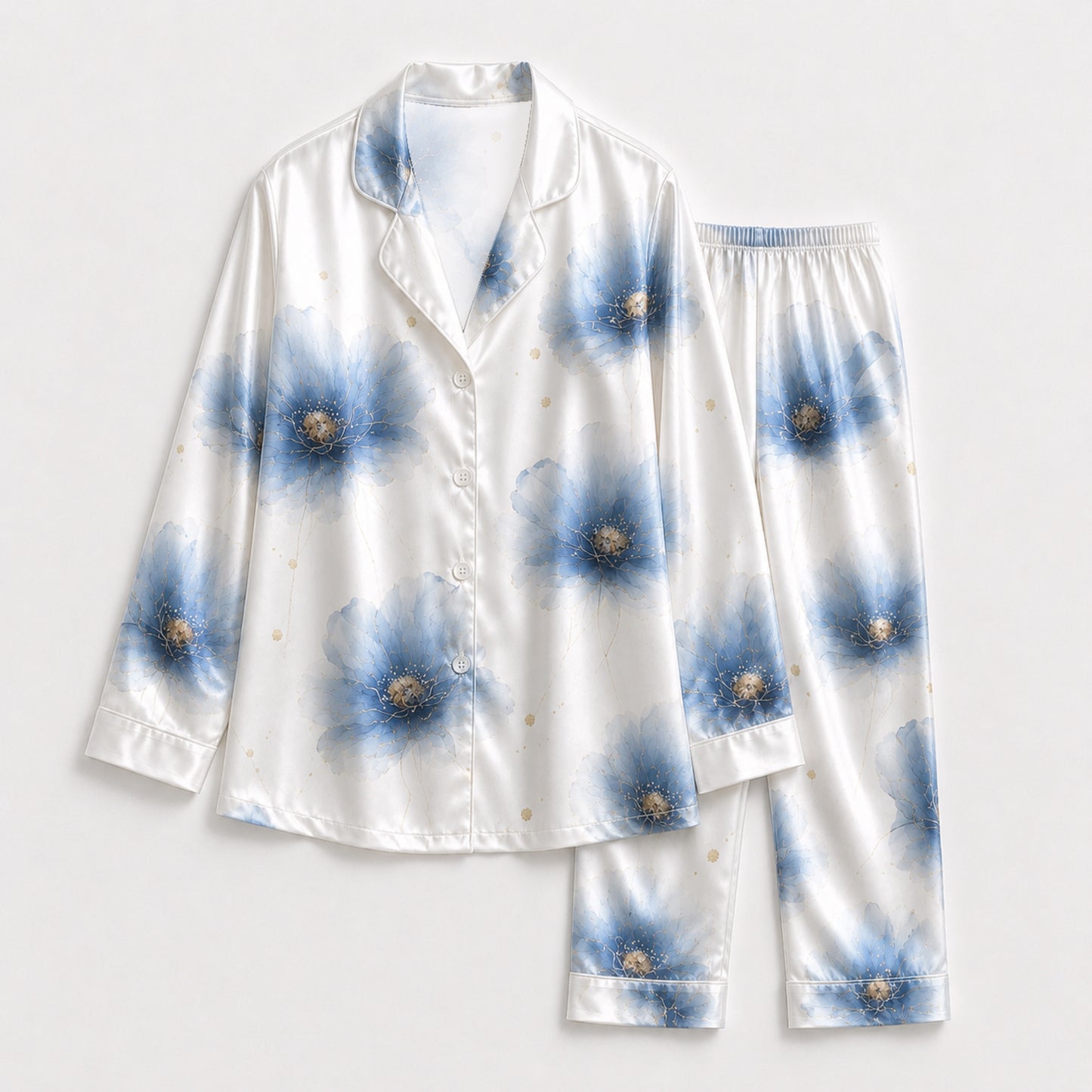 PJ-119-Watercolor Blossom Satin Pajama Set, Graphic Poppy Patterned Multicolor Unisex Loungewear Nightwear Apparel FREE SHIPING