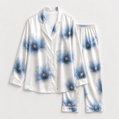PJ-119-Watercolor Blossom Satin Pajama Set, Graphic Poppy Patterned Multicolor Unisex Loungewear Nightwear Apparel FREE SHIPING