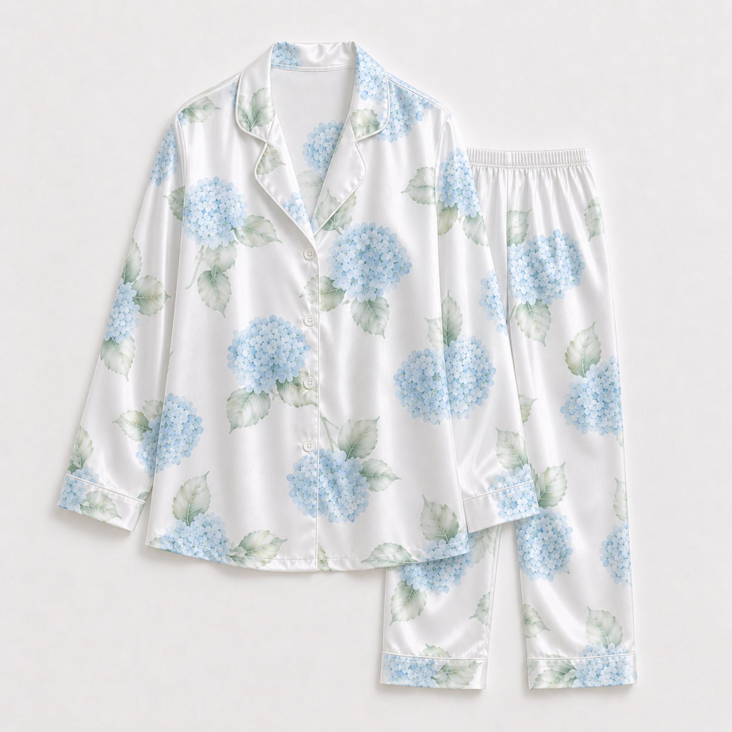 PJ-120-Unisex Hydrangea Floral Print Satin Pajamas Botanical Loungewear Sleepwear Nightwear Blue White Pjs Two Piece Set FREE SHIPING