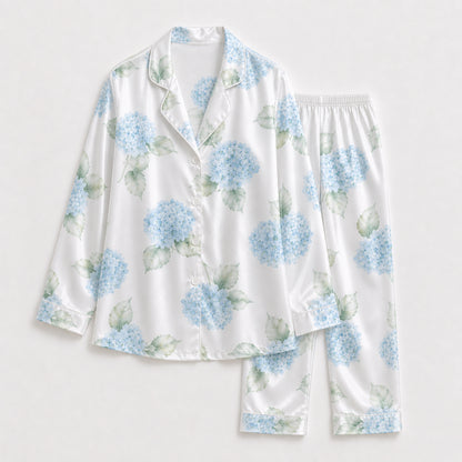 PJ-120-Unisex Hydrangea Floral Print Satin Pajamas Botanical Loungewear Sleepwear Nightwear Blue White Pjs Two Piece Set FREE SHIPING
