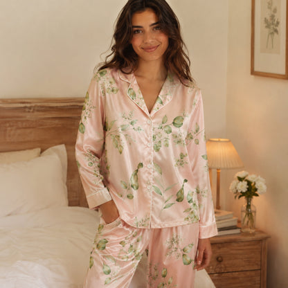 PJ-121-Unisex Eucalyptus Leaves Print Satin Pajamas Botanical Loungewear Sleepwear Nightwear Blush Pink Pjs Two Piece Set FREE SHIPING