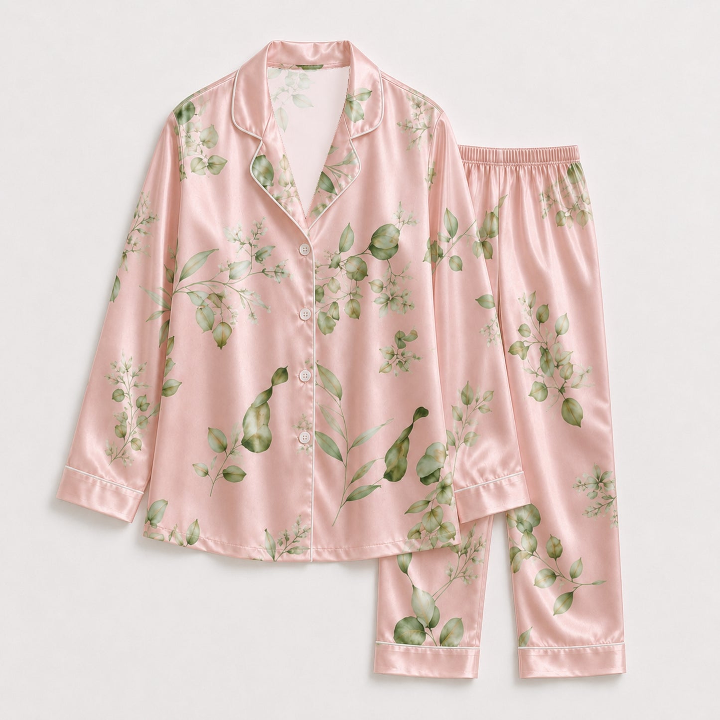 PJ-121-Unisex Eucalyptus Leaves Print Satin Pajamas Botanical Loungewear Sleepwear Nightwear Blush Pink Pjs Two Piece Set FREE SHIPING