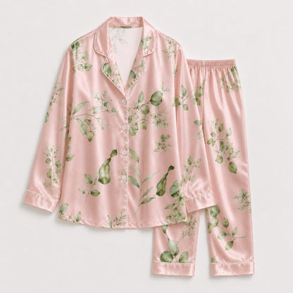 PJ-121-Unisex Eucalyptus Leaves Print Satin Pajamas Botanical Loungewear Sleepwear Nightwear Blush Pink Pjs Two Piece Set FREE SHIPING
