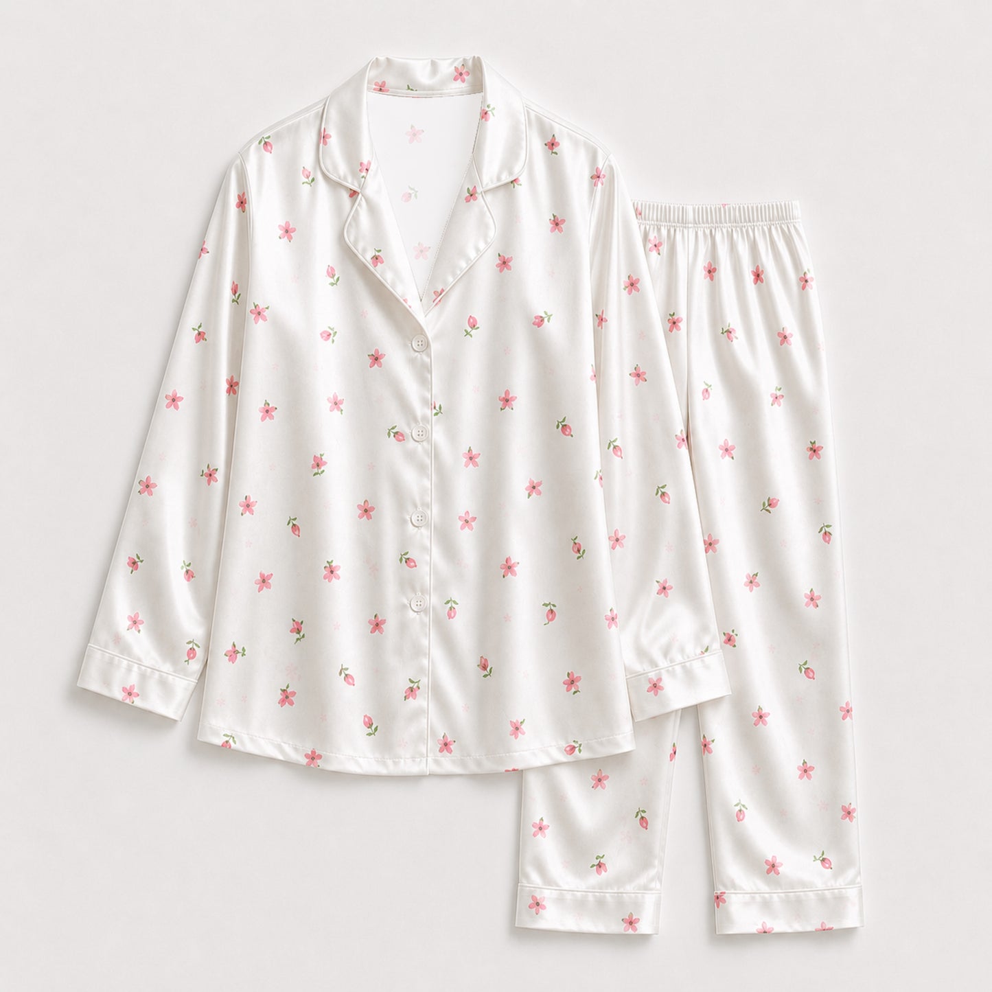 PJ-122-Women Ditsy Floral Print Satin Pajamas Tiny Blossom Loungewear Sleepwear Nightwear Pink White Pjs Two Piece Set FREE SHIPING