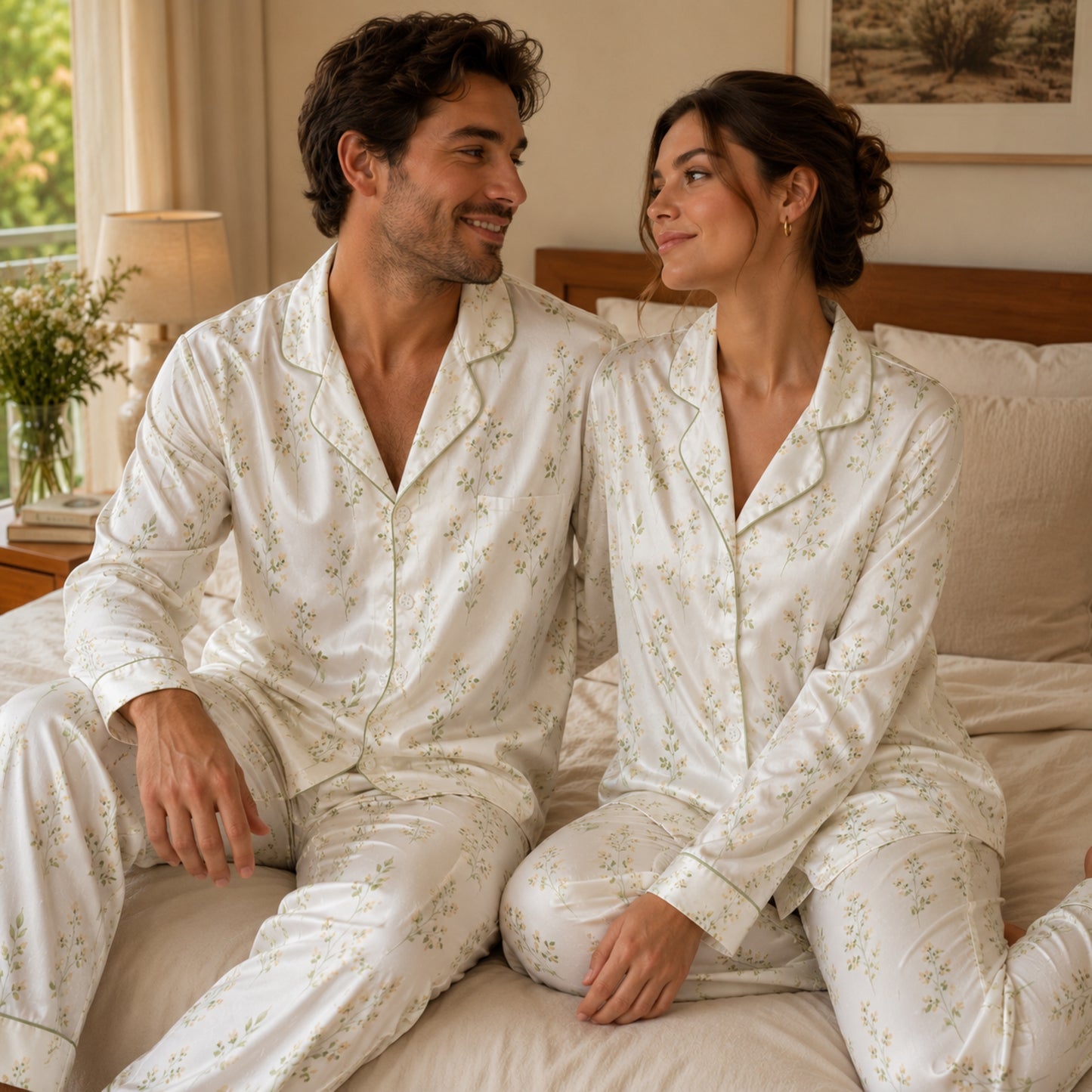 PJ-123-Cream Sage Greenery Leaf Print Satin Pajamas Cottagecore Botanical Loose Fit Loungewear Sleepwear Nightwear Pjs Clothing Set FREE SHIPING