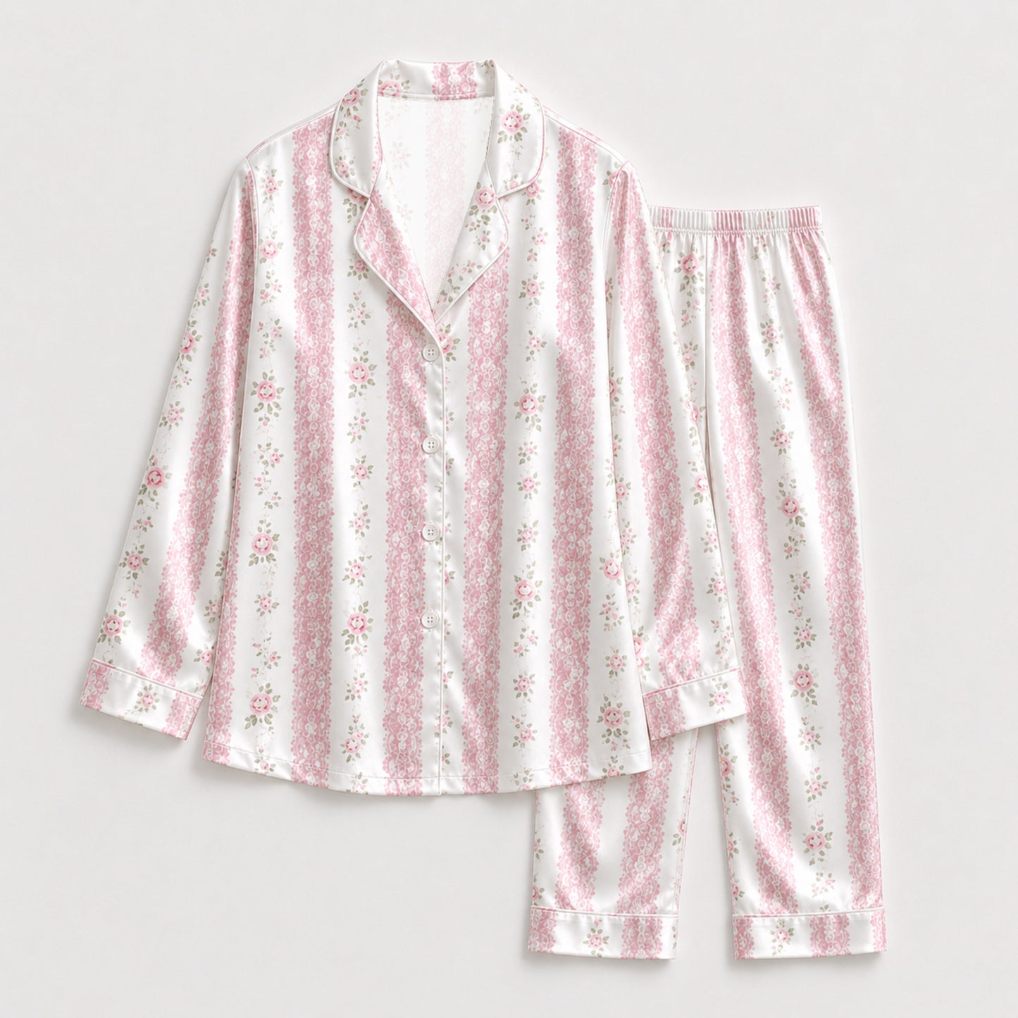 PJ-125-Vertical Floral Ribbon Pattern Pajamas Luxury Satin Cottage Garden Theme Boxy Fit Loungewear Sleepwear Nightwear Apparel Set FREE SHIPING