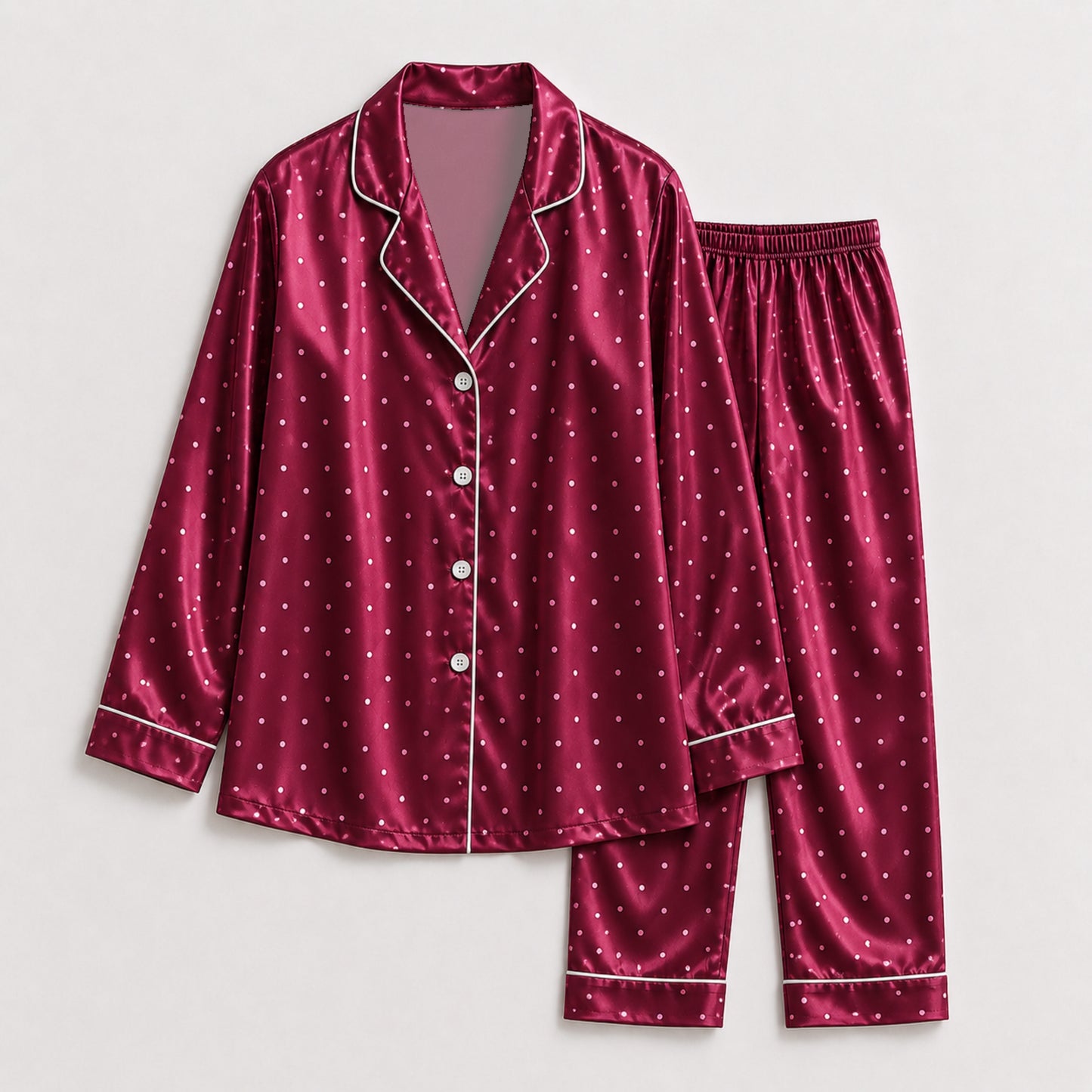 PJ-126-Women Polka Dot Print Satin Pajamas Classic Spot Loungewear Sleepwear Nightwear Burgundy White Pjs Two Piece Set FREE SHIPING