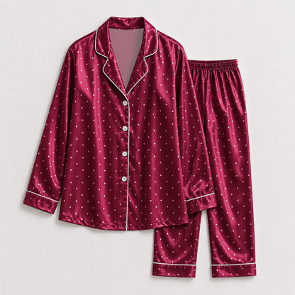 PJ-126-Women Polka Dot Print Satin Pajamas Classic Spot Loungewear Sleepwear Nightwear Burgundy White Pjs Two Piece Set FREE SHIPING