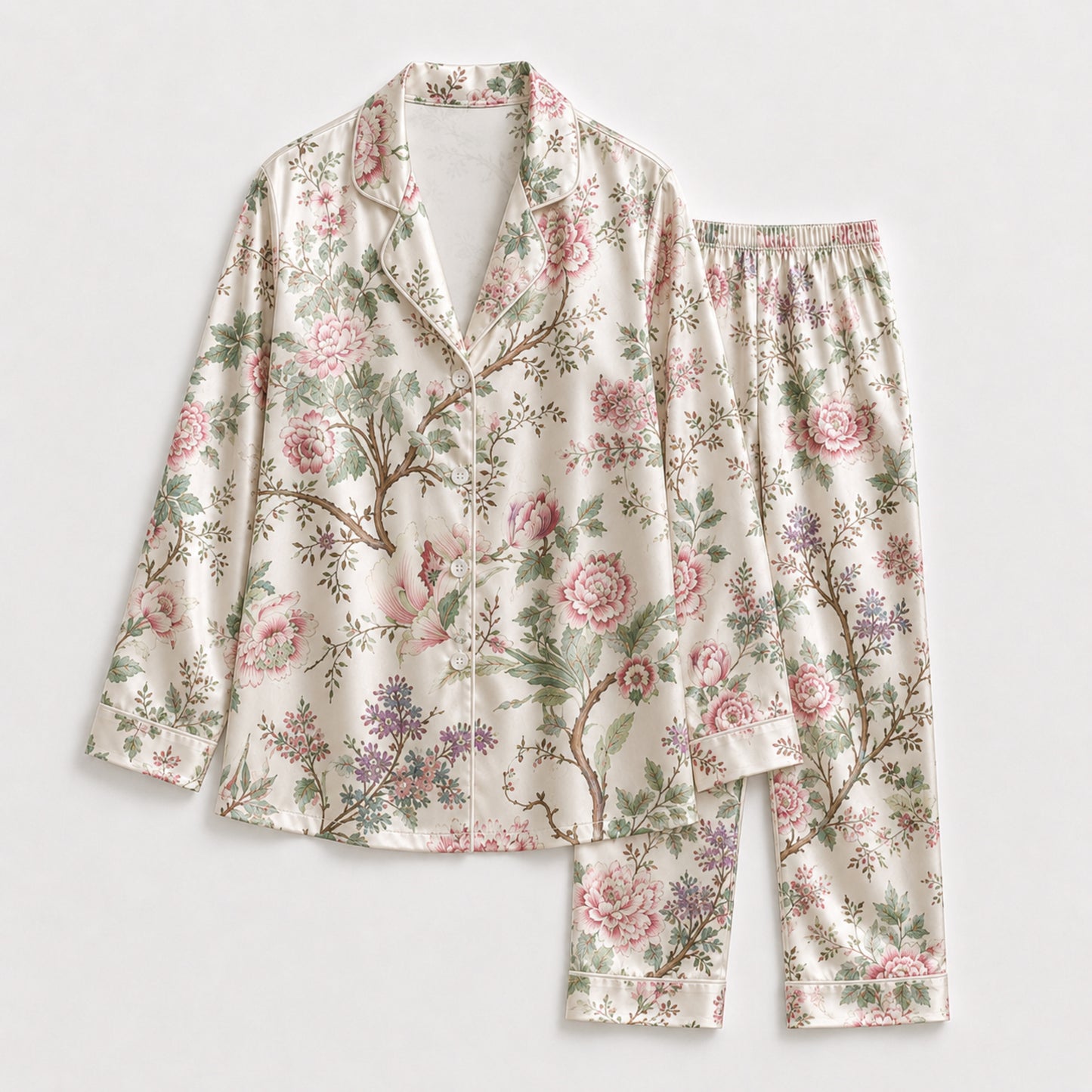 PJ-127-Cream Chinoiserie Peony Floral Print Satin Pajamas Oriental Blossom Loose Fit Loungewear Sleepwear Nightwear Pjs Clothing Set FREE SHIPING