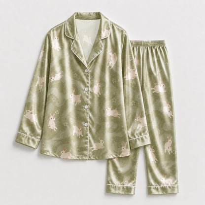PJ-129-Sage Green Rabbit Bunny Print Satin Pajamas Whimsical Starry Loose Fit Loungewear Sleepwear Nightwear Pjs Clothing Set FREE SHIPING