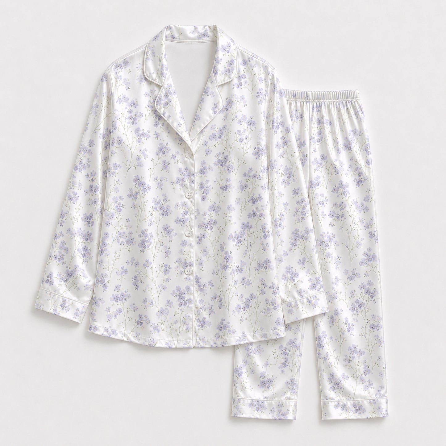 PJ-130-Purple Botanical Pattern Pajamas Luxury Satin Ditsy Blossom Theme Boxy Fit Elegant Loungewear Sleepwear Nightwear Apparel Set FREE SHIPING