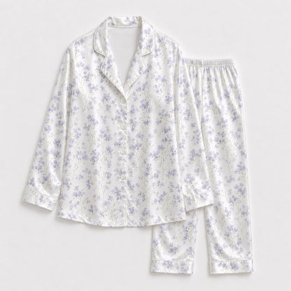 PJ-130-Purple Botanical Pattern Pajamas Luxury Satin Ditsy Blossom Theme Boxy Fit Elegant Loungewear Sleepwear Nightwear Apparel Set FREE SHIPING