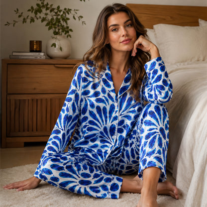 PJ-131-White Blue Abstract Floral Print Satin Pajamas Mediterranean Petal Loose Fit Loungewear Sleepwear Nightwear Pjs Set FREE SHIPING