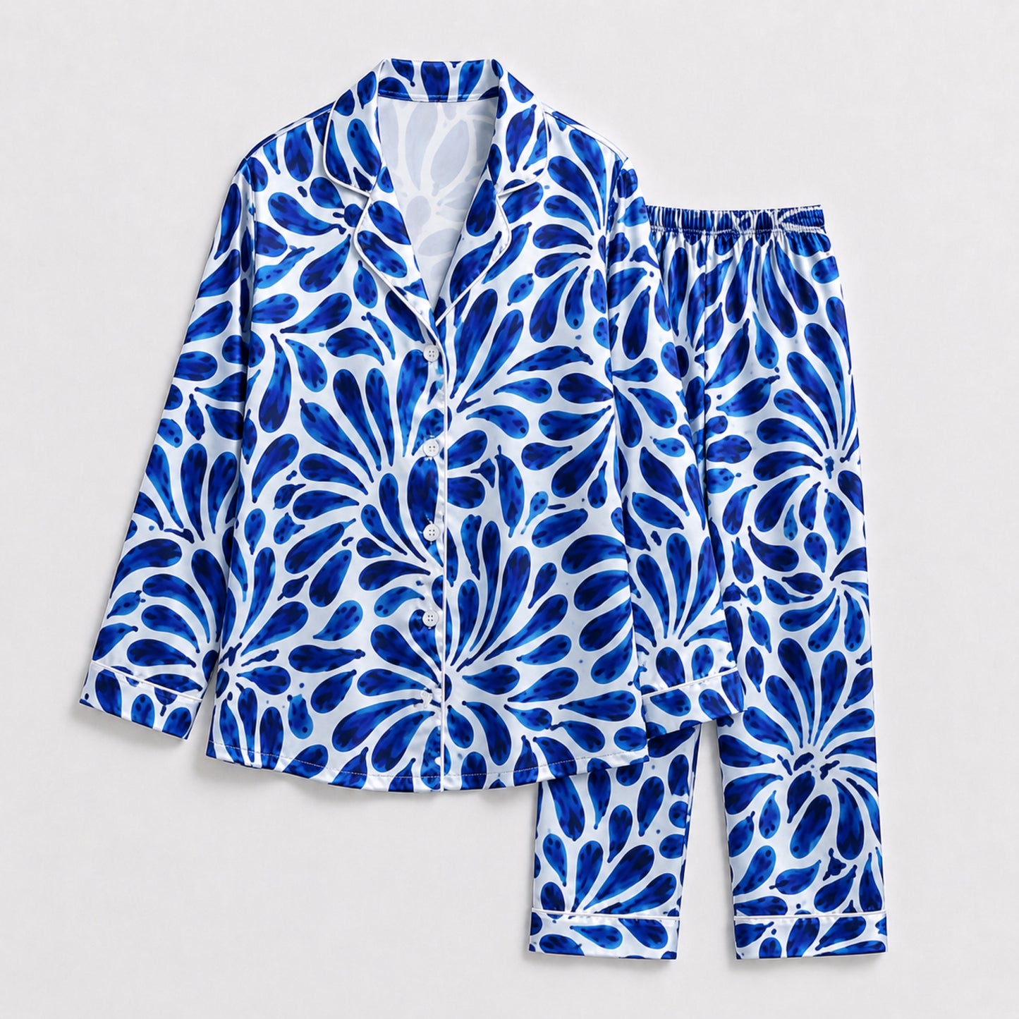 PJ-131-White Blue Abstract Floral Print Satin Pajamas Mediterranean Petal Loose Fit Loungewear Sleepwear Nightwear Pjs Set FREE SHIPING