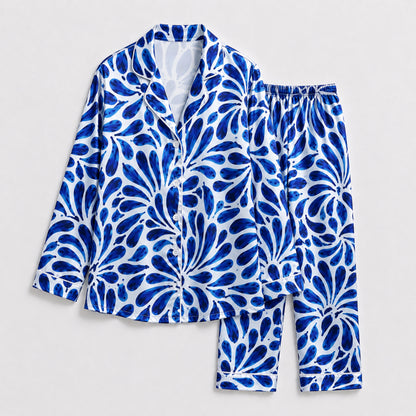PJ-131-White Blue Abstract Floral Print Satin Pajamas Mediterranean Petal Loose Fit Loungewear Sleepwear Nightwear Pjs Set FREE SHIPING
