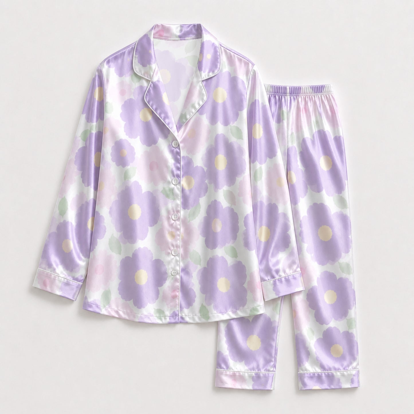PJ-132-Abstract Botanical Pattern Pajamas Luxury Satin Pastel Violet Theme Boxy Fit Loungewear Sleepwear Nightwear Apparel Set FREE SHIPING