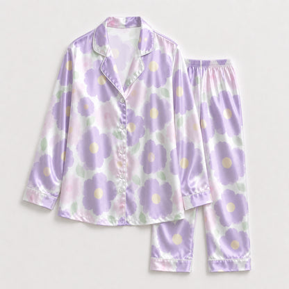 PJ-132-Abstract Botanical Pattern Pajamas Luxury Satin Pastel Violet Theme Boxy Fit Loungewear Sleepwear Nightwear Apparel Set FREE SHIPING